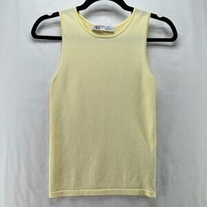ZARA Sweater Womens Sz S Ribbed Tank Round Neck Sleeveless Viscose Nylon Yellow